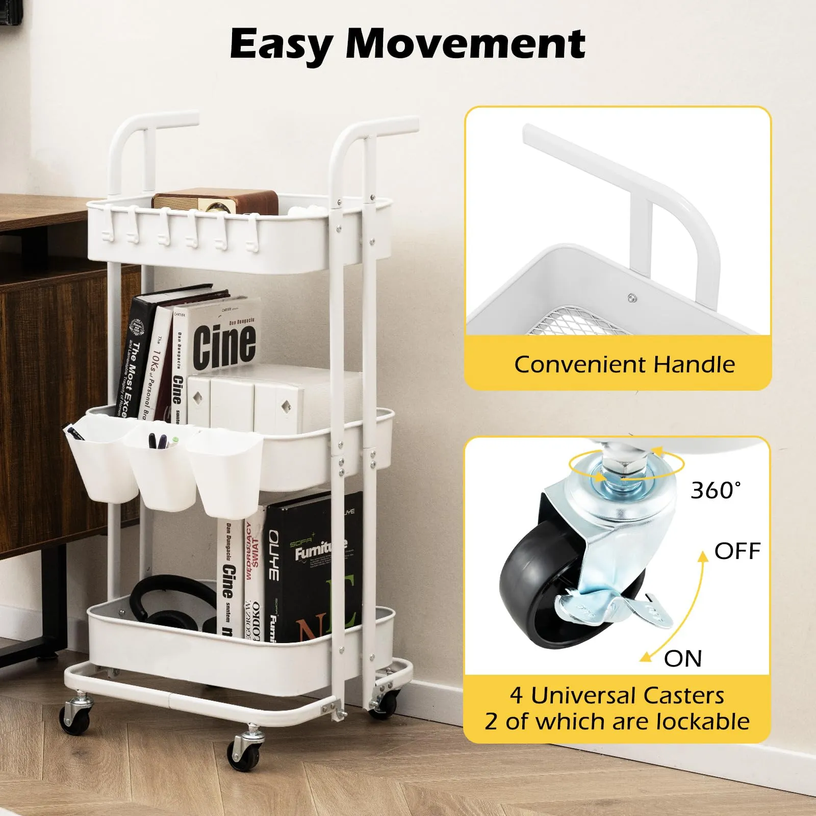 Giantex 3-Tier Rolling Cart, Folding Storage Cart w/ 3 Hanging Cups & 6 Hooks