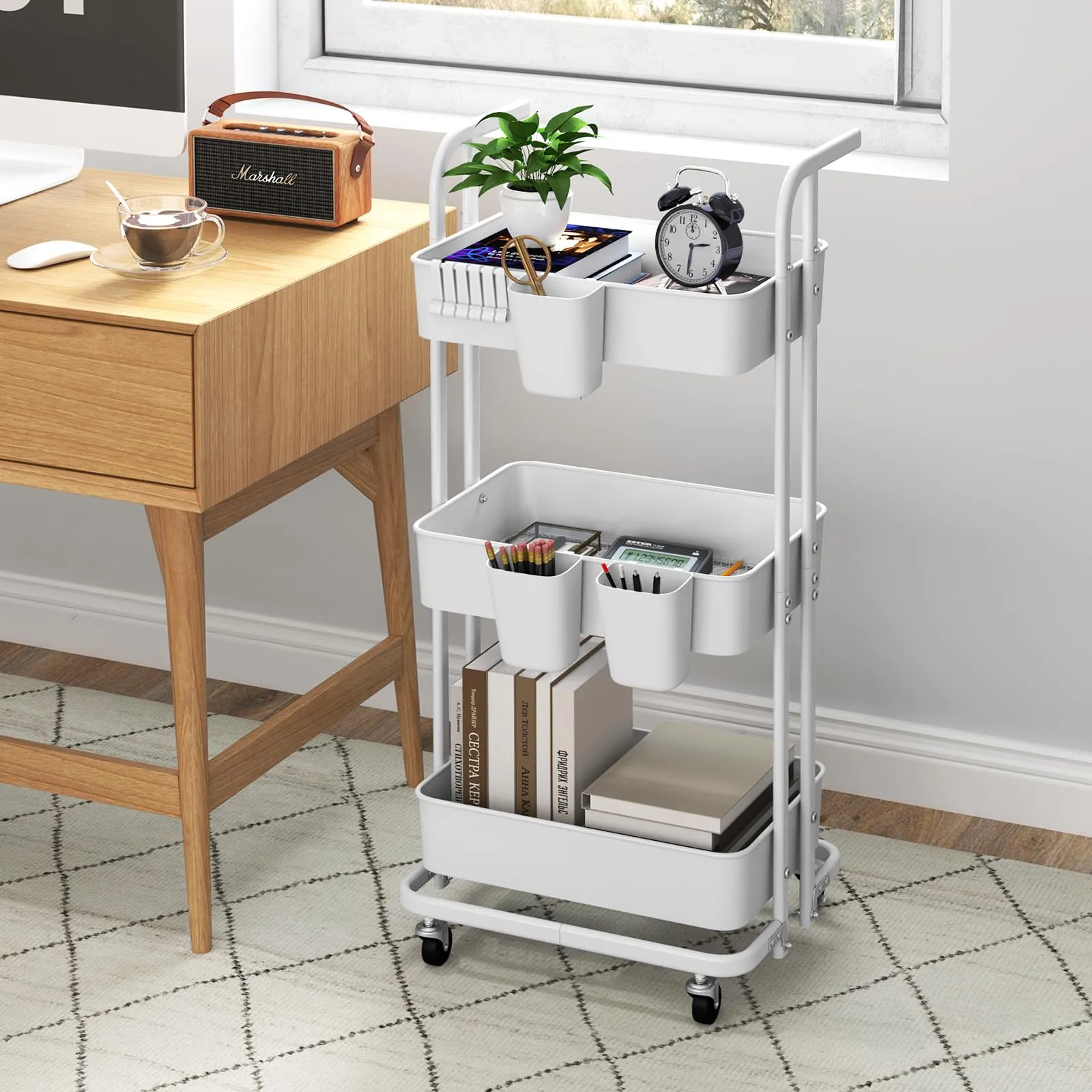 Giantex 3-Tier Rolling Cart, Folding Storage Cart w/ 3 Hanging Cups & 6 Hooks