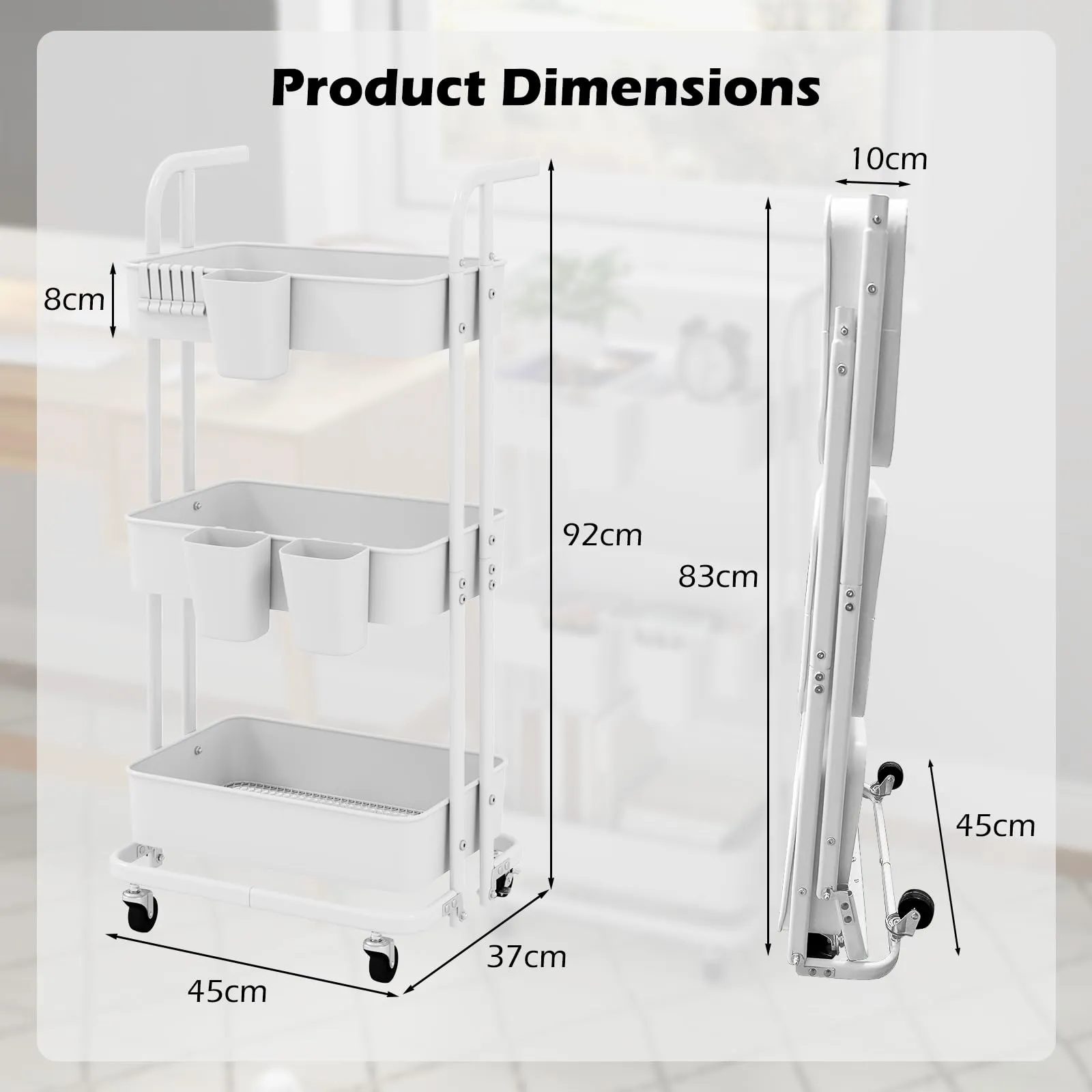Giantex 3-Tier Rolling Cart, Folding Storage Cart w/ 3 Hanging Cups & 6 Hooks