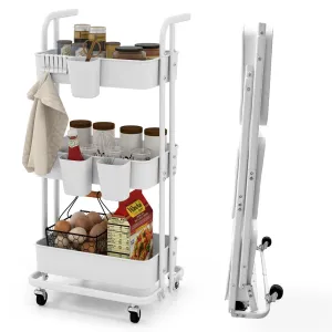 Giantex 3-Tier Rolling Cart, Folding Storage Cart w/ 3 Hanging Cups & 6 Hooks