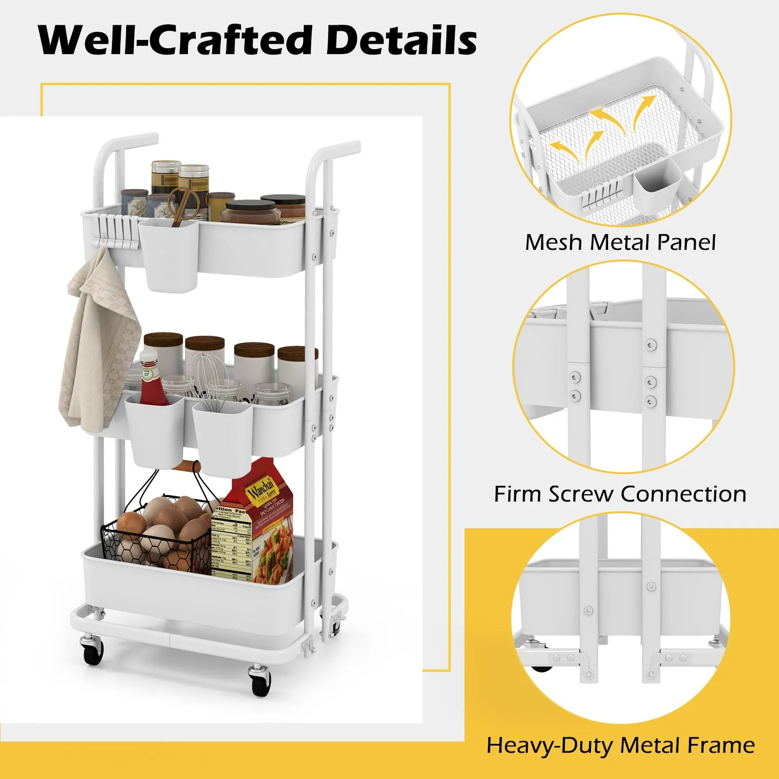 Giantex 3-Tier Rolling Cart, Folding Storage Cart w/ 3 Hanging Cups & 6 Hooks