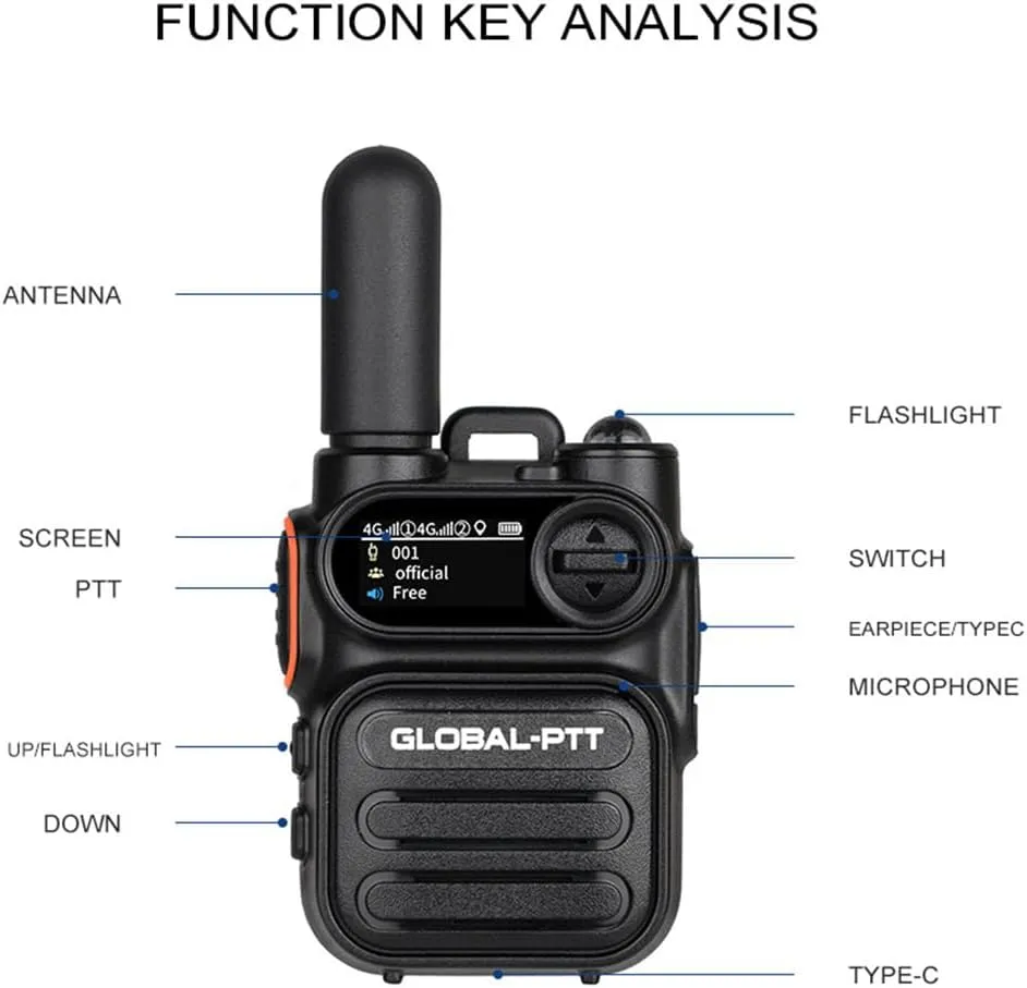 Global Walkie Talkie 2-Pack with Sim Cards 4G Connectivity for Global Communication - Integrated Flashlight and Multi-Function Keys for Two Way Radios Long Range (Grey)