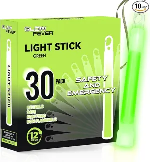 Glow Fever Emergency Safety Military Grade Glow Sticks, 30pcs 6'' Lightsticks, Light Up Ultra Bright with 12 Hours Duration. for Hiking Party Camping Blackouts Hurricane Shelter Survival Kit (Green)