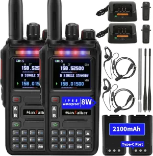 GMRS Ham Radios Long Range: MaxTalker TK-W60 Rechargeable 2 Way Radio Long Range Waterproof Ham Radio Handheld, AM/FM/NOAA/UHF/VHF Radio, Walkie Talkies for Adults 2 Pack