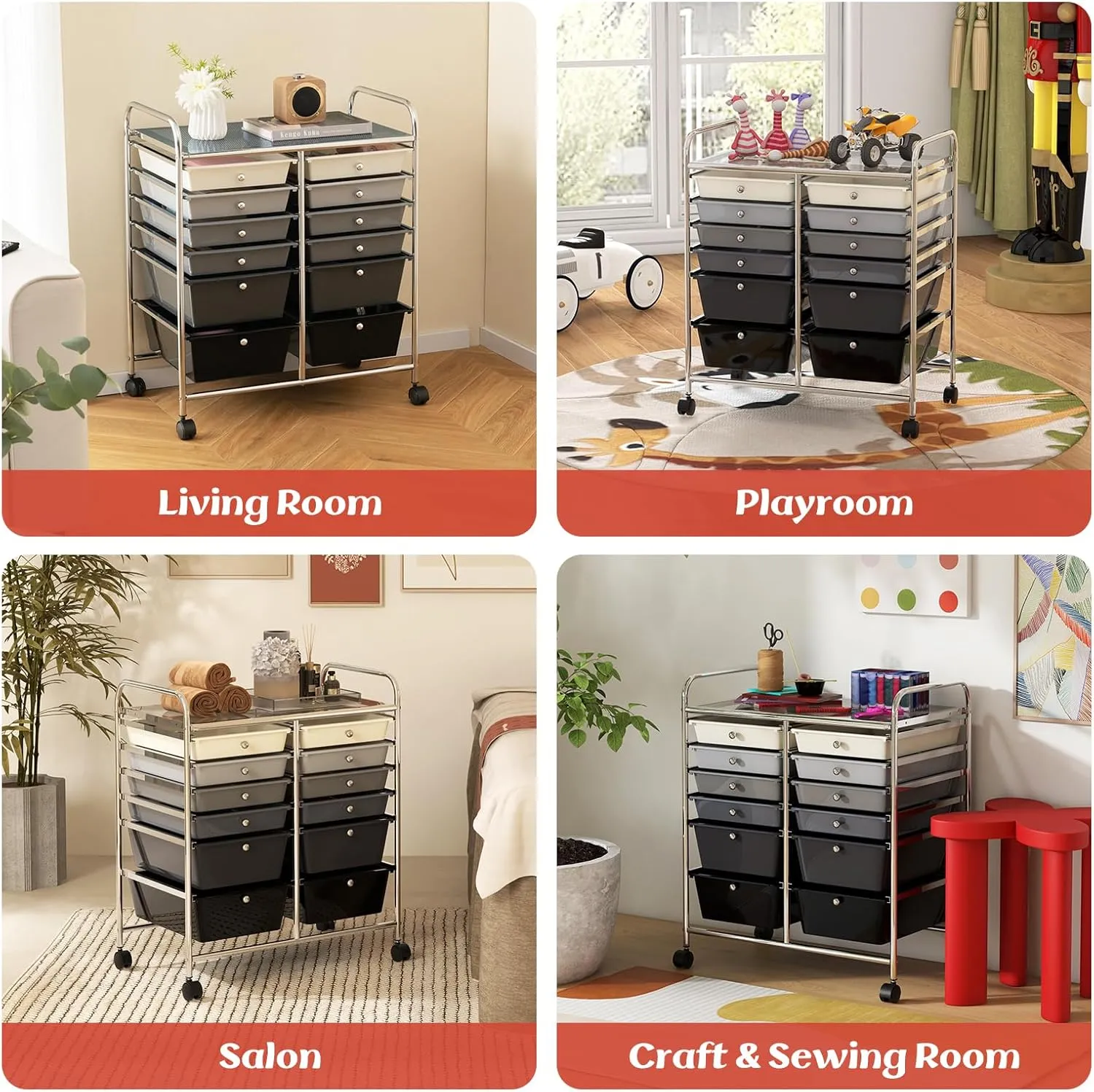 GOFLAME 12-Drawer Rolling Storage Cart, Multipurpose Organizer Cart with 2 Sizes Plastic Drawers, Mobile Utility Cart with Lockable Casters for School, Home Office, Beauty Salon, Gradient Grey