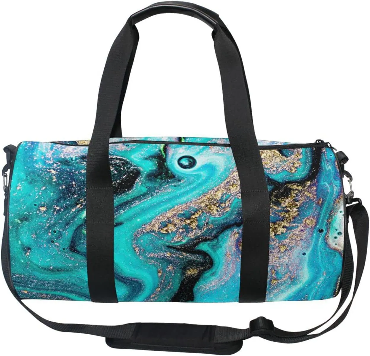 Gold Turquoise Aquamarine Art Ocean, Sea, River Marbling Marble Duffel Bag, Foldable Canvas Travel Tote for Gym Sports with Inner Pockets, Durable Lightweight Fitness Bag for Overnight Workout