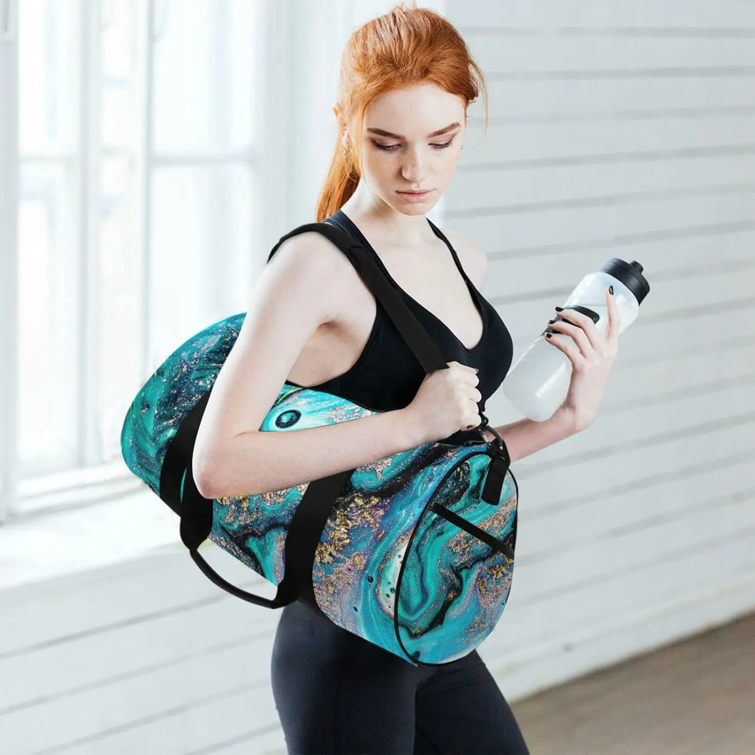 Gold Turquoise Aquamarine Art Ocean, Sea, River Marbling Marble Duffel Bag, Foldable Canvas Travel Tote for Gym Sports with Inner Pockets, Durable Lightweight Fitness Bag for Overnight Workout