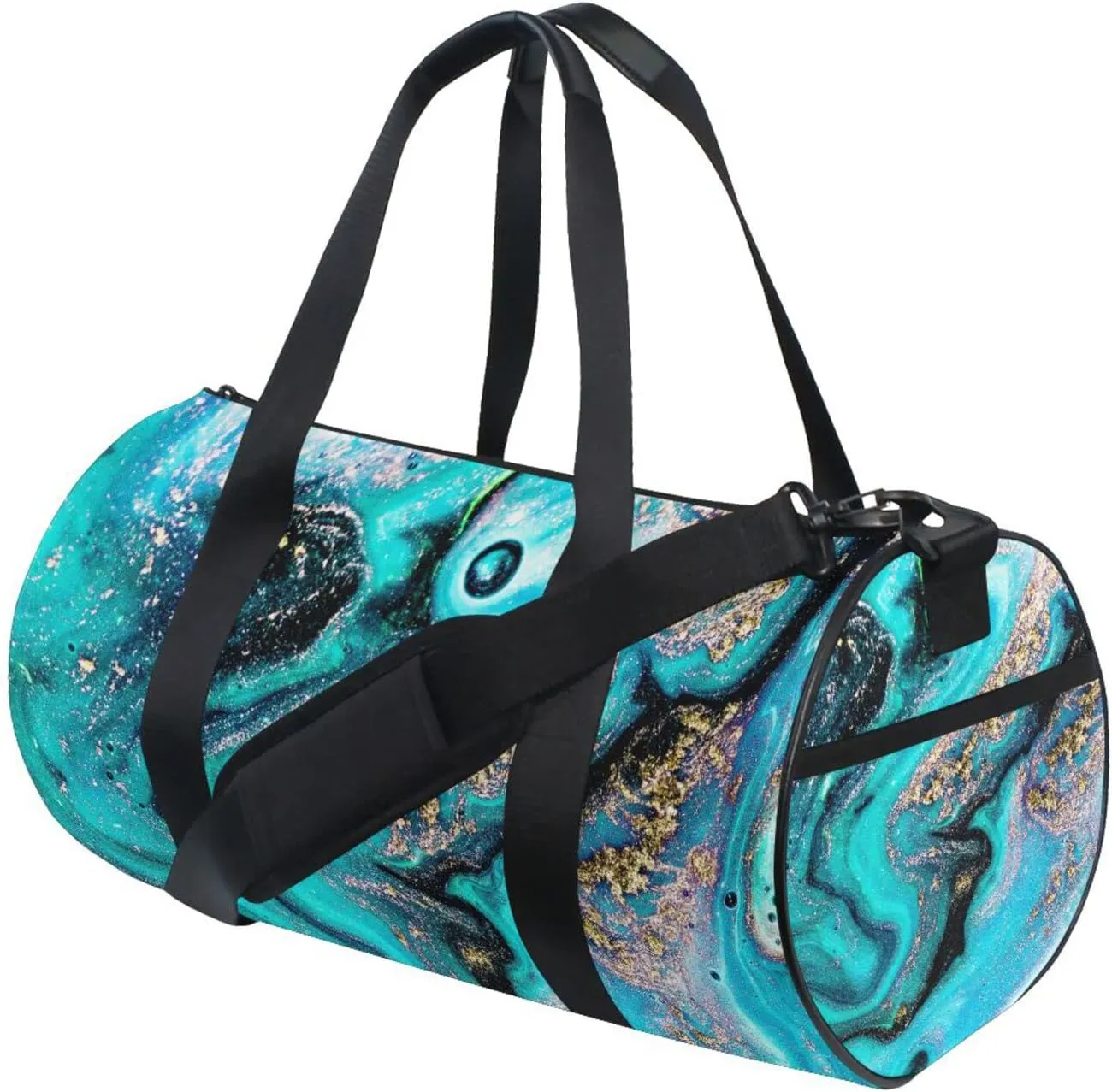 Gold Turquoise Aquamarine Art Ocean, Sea, River Marbling Marble Duffel Bag, Foldable Canvas Travel Tote for Gym Sports with Inner Pockets, Durable Lightweight Fitness Bag for Overnight Workout