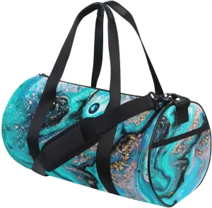 Gold Turquoise Aquamarine Art Ocean, Sea, River Marbling Marble Duffel Bag, Foldable Canvas Travel Tote for Gym Sports with Inner Pockets, Durable Lightweight Fitness Bag for Overnight Workout