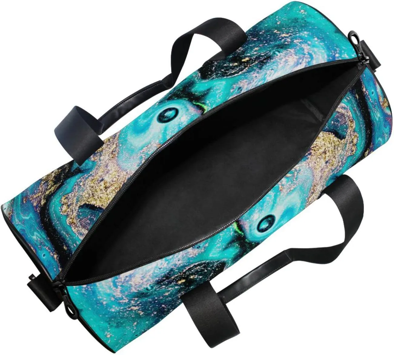 Gold Turquoise Aquamarine Art Ocean, Sea, River Marbling Marble Duffel Bag, Foldable Canvas Travel Tote for Gym Sports with Inner Pockets, Durable Lightweight Fitness Bag for Overnight Workout