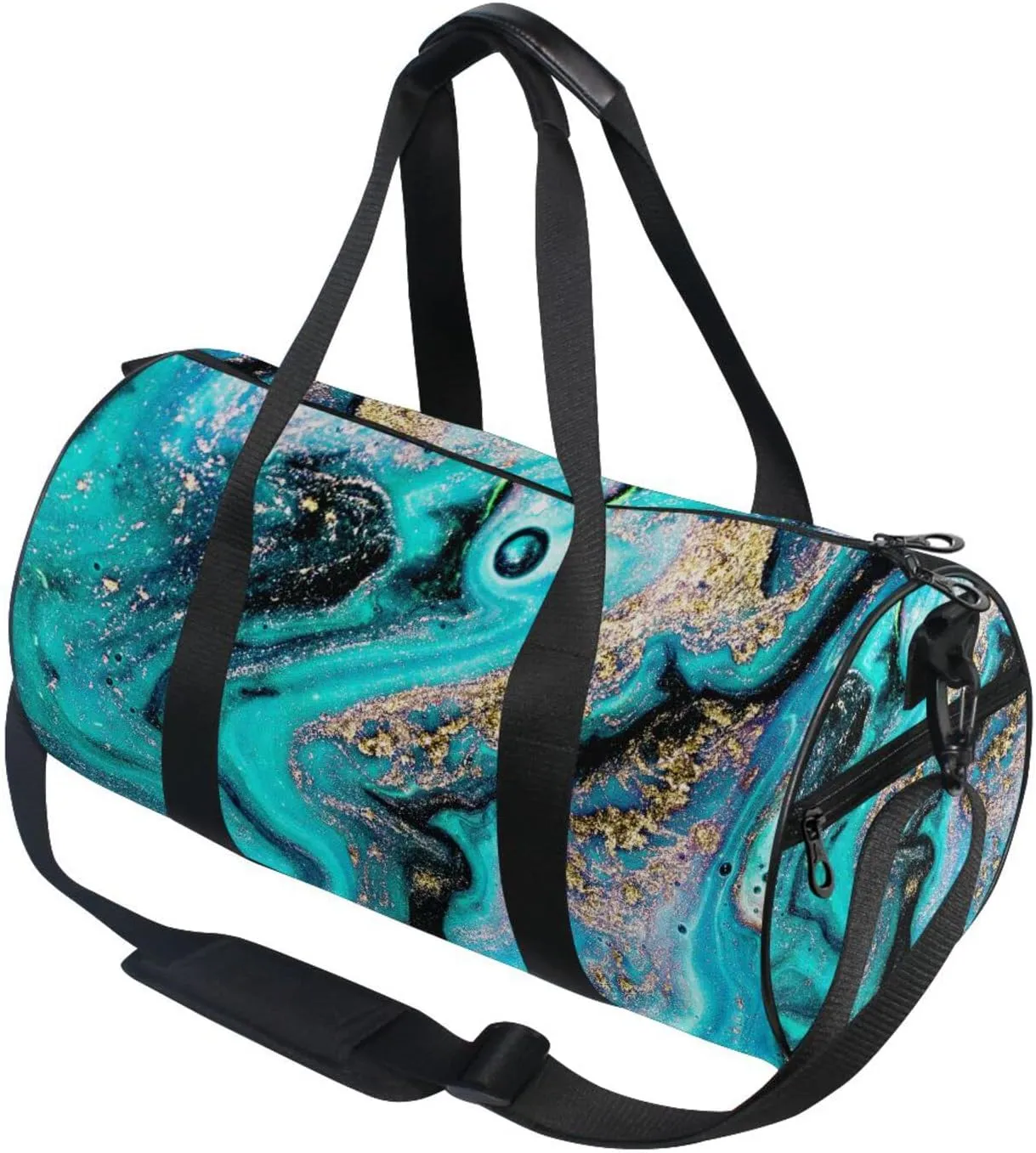 Gold Turquoise Aquamarine Art Ocean, Sea, River Marbling Marble Duffel Bag, Foldable Canvas Travel Tote for Gym Sports with Inner Pockets, Durable Lightweight Fitness Bag for Overnight Workout