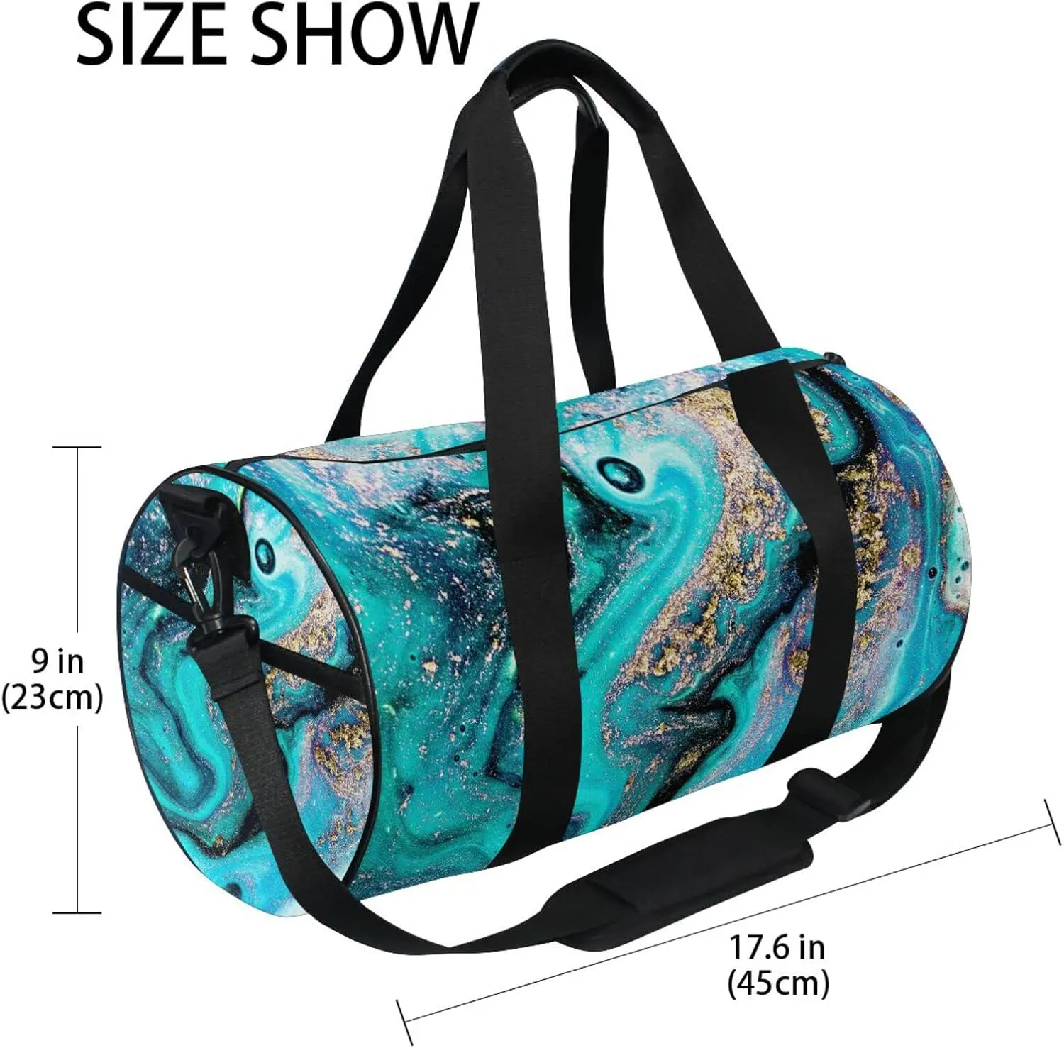Gold Turquoise Aquamarine Art Ocean, Sea, River Marbling Marble Duffel Bag, Foldable Canvas Travel Tote for Gym Sports with Inner Pockets, Durable Lightweight Fitness Bag for Overnight Workout