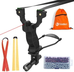 Goldboy Foldable Slingshot with Red Beam Sight and Flashlight, Outdoor Training Tool for Beginners, Includes 220 Steel & Mud Balls and 3 Replacement Rubber Bands