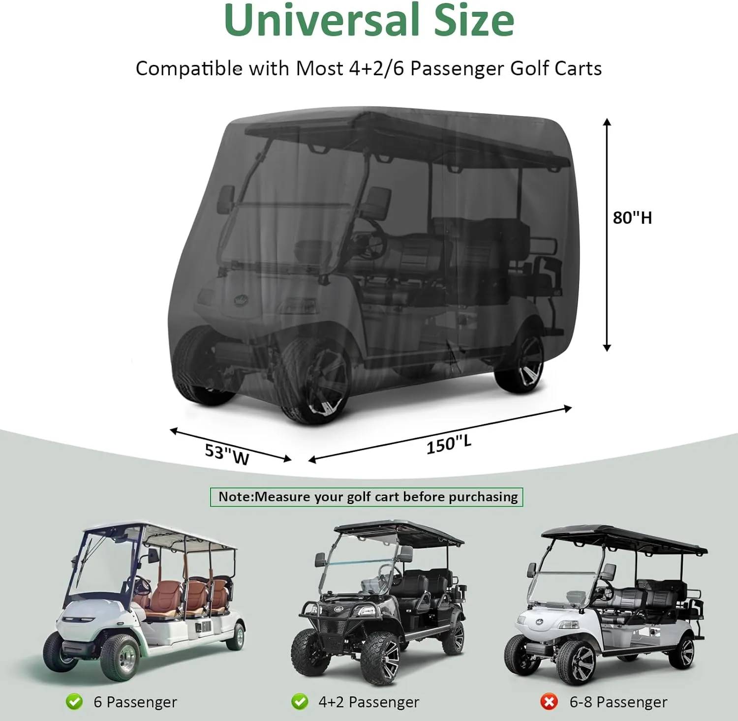Golf Cart Cover 4/6 Passenger,115/118/120/123/144/150/156 Inch Waterproof Universal Golf Cart Cover for Evolution EZGO Club Car,Outdoor Protection Golf Cart Accessories