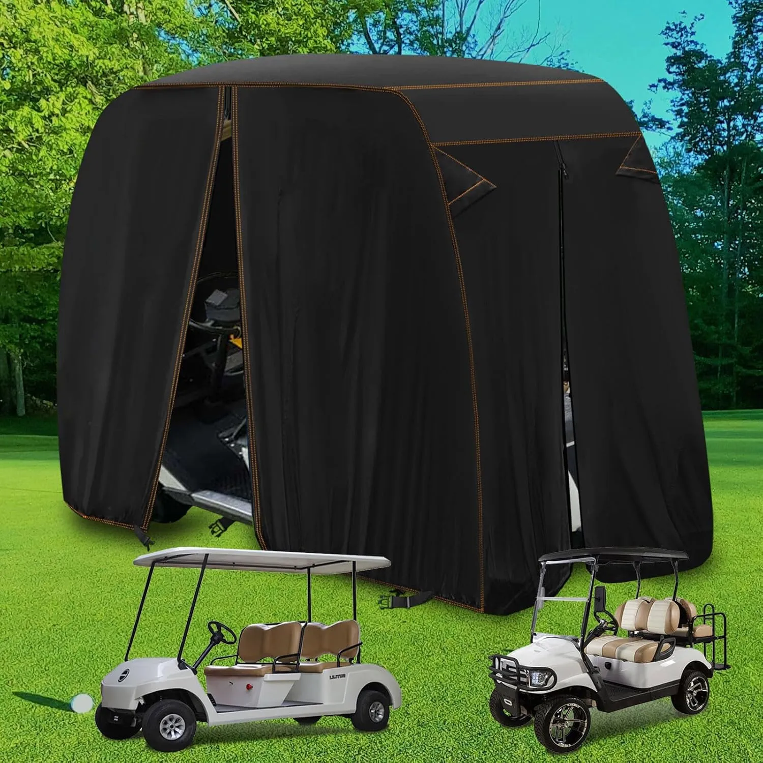 Golf Cart Covers 4 Passenger 2 Passenger 420D Heavy Duty Waterproof Windproof fits EZGO Club Car Yamaha Long Roof Cart Cover All Weather Outdoor Protection(L114“xW47”xH65")