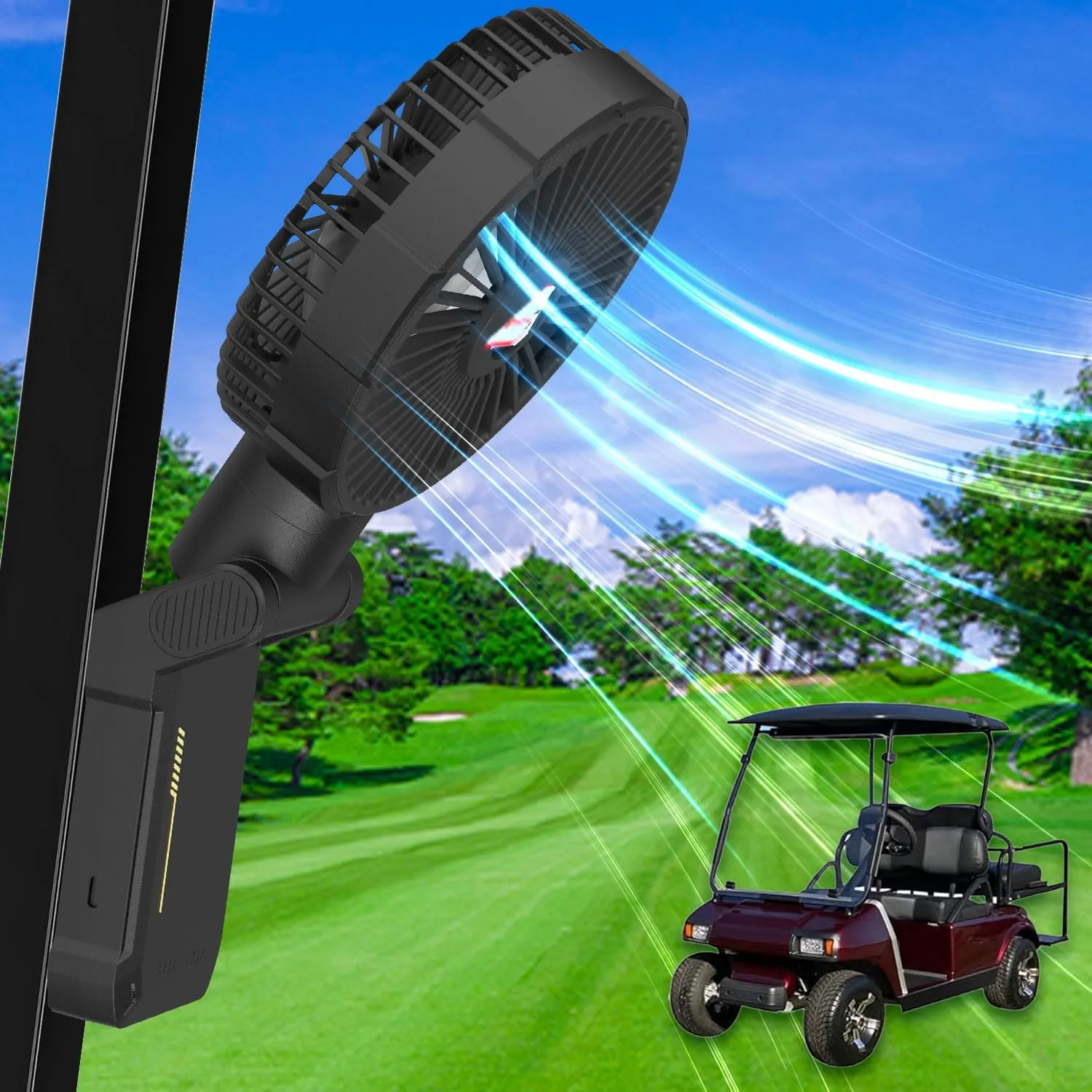 Golf Cart Fan, Rechargeable Magnetic Cruise Fan,10400mah Battery Operated Portable Outdoor Camping Fan with Clamp, Led Lantern, Cordless USB Fans, 4 Speeds,Timer, Cabin Air Circulator - Black