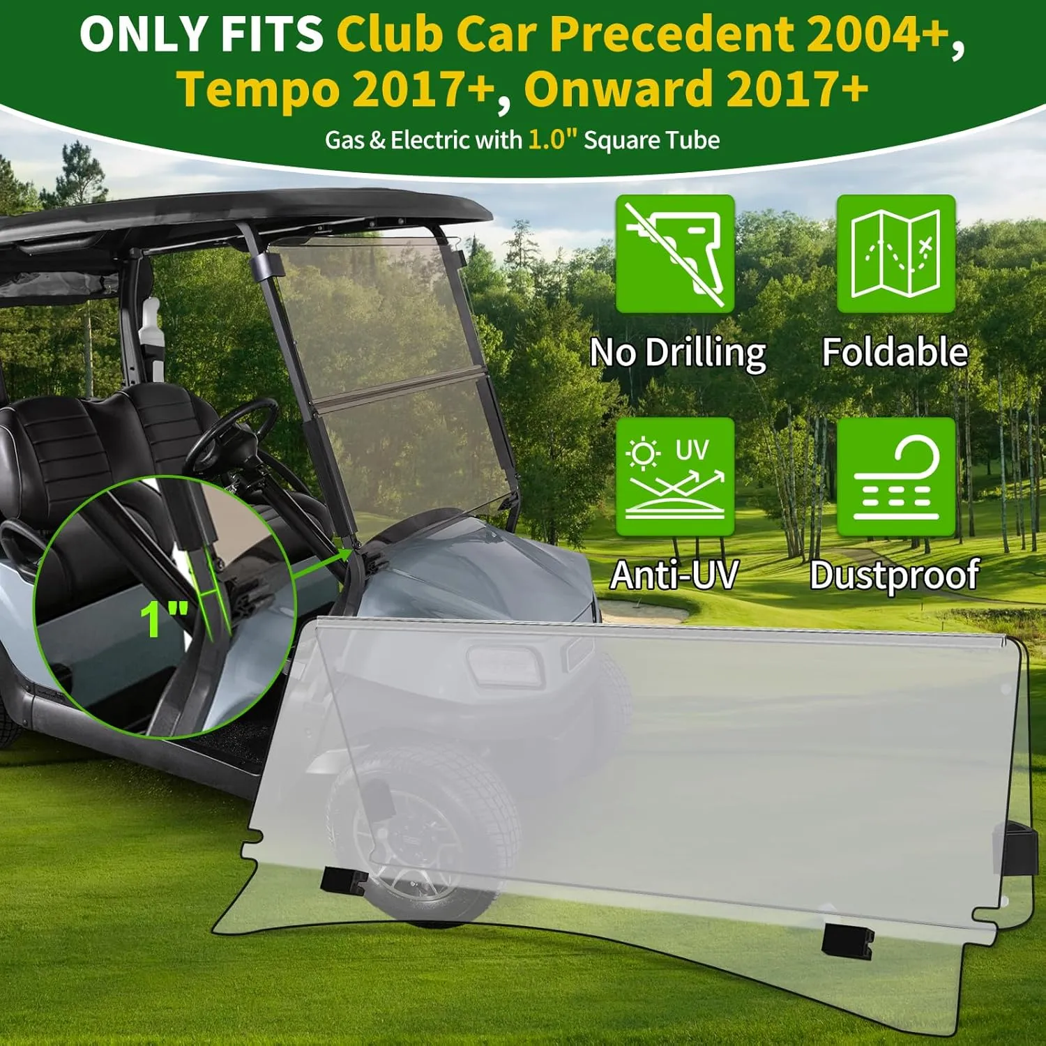 Golf Cart Foldable Windshield 3/16" (5MM) Thicken Only Fits Club Car Precedent 2004 , Tempo 2017 , Onward 2017 , 1"×1" Struts Rail Front Folding Acrylic Windshield Replacement - Clear