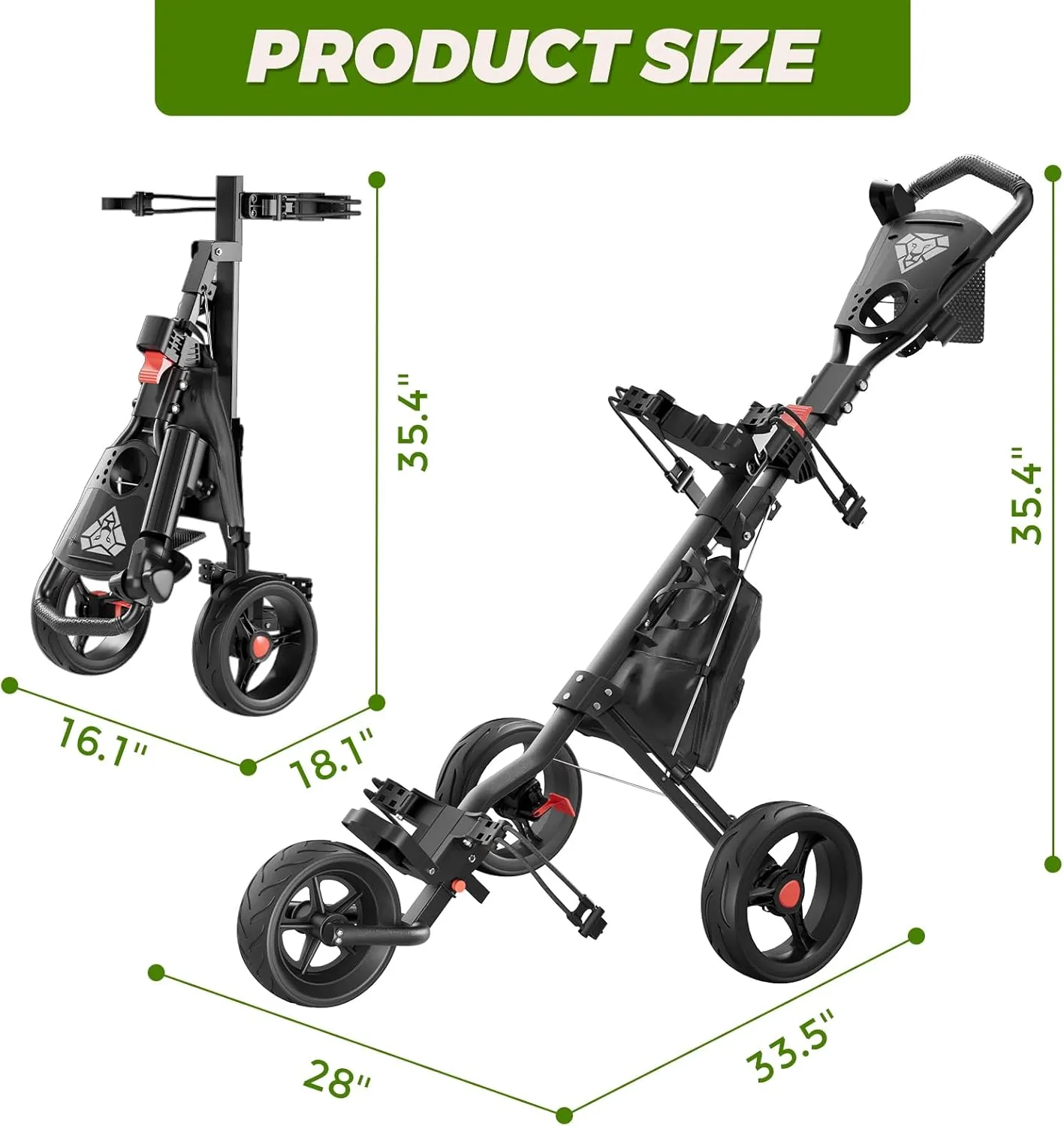 Golf Push Cart 3 Wheel, Golf Cart Foldable, Multiple Functions Golf Bag Cart for All Ages with Adjustable Handle - Lightweight & Easy Fold Design for Easy Transportation - 12lbs