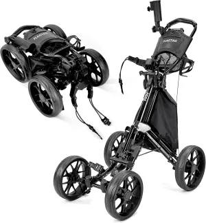 Golf Push Cart 4-Wheels,Folding Golf Cart, Golf Pull cart with Cup Holder,Umbrella Holder,Cooler Bag, Foldable with one-Click,Handle Height Adjustable,Drink Holder,Walking Push cart