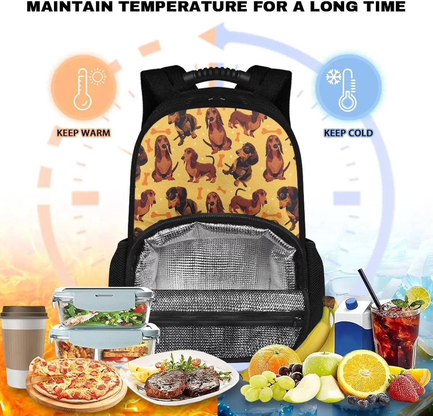 Gomyblomy Dachshund Print Work Backpack for Women Men, 17 Inch Laptop Backpack, Lightweight Lunch Backpack Insulated Cooler Backpack Lunch Box Bag Cooler for Picnic Camping
