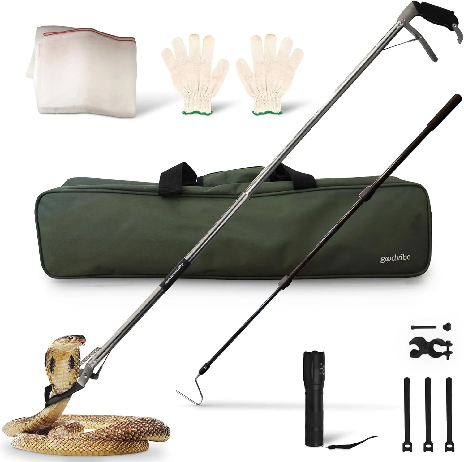 goodvibe Snake Grabber Tool Kit – 6-Piece Set with 47" Snake Tongs, Hook, LED Light, Gloves & Waterproof Bag | Snake Handling Tools for Catching Rattlesnakes, Reptiles, Snakes & Snake Control