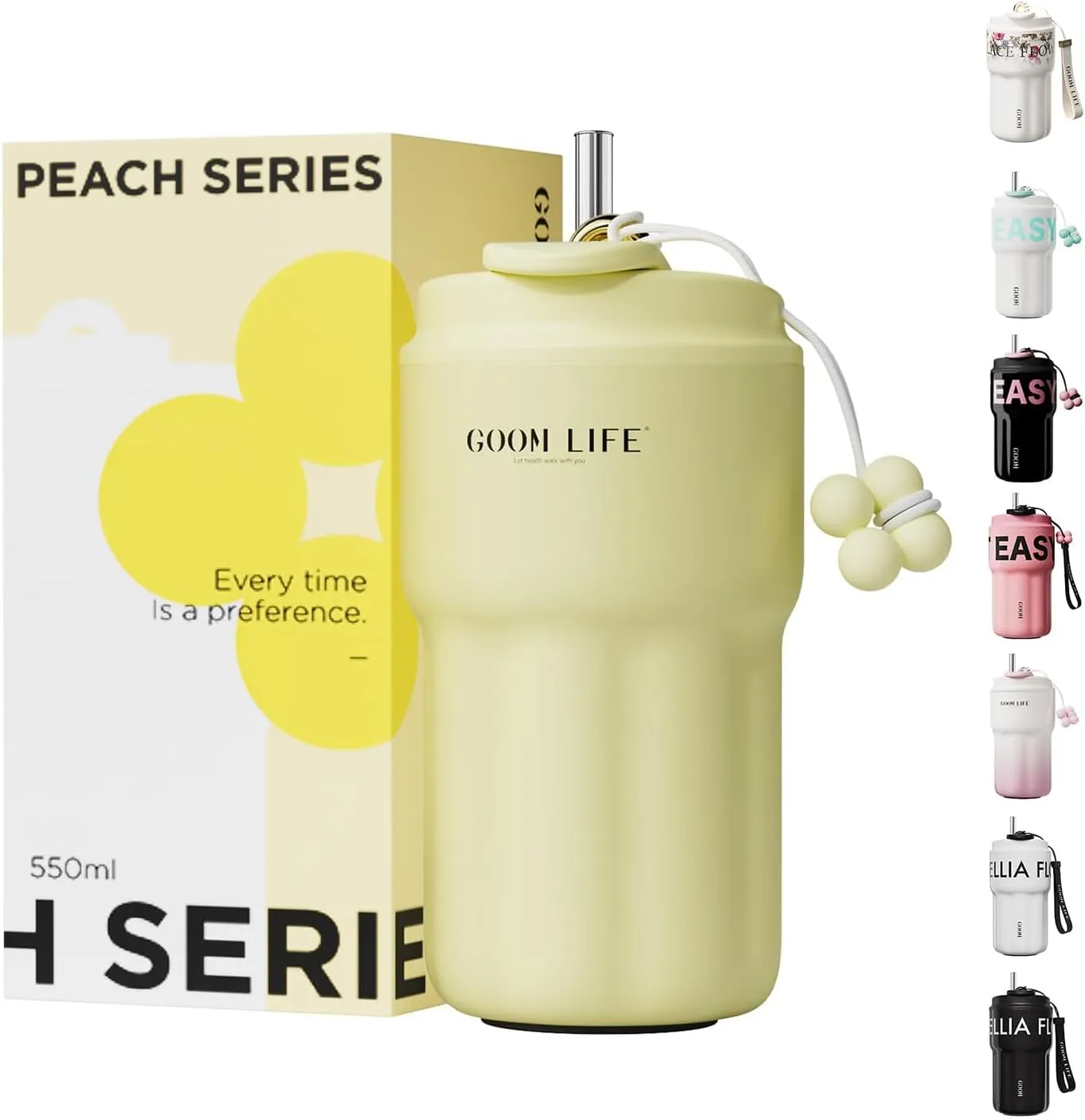 GOOM 18oz Spill Proof Tumbler with Lid and Straw, 18/10 Stainless Steel Insulated Water Bottle with Flip Lid and Straw Mouth Rotary Lock, 6-Layer Wall Insulated Coffee Tumbler - Yellow