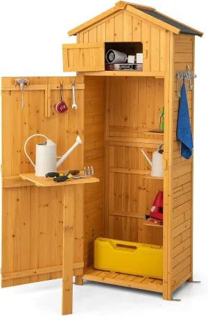 Goplus All-in-One Storage Shed, 71" Tall Wooden Lockable Cabinet w/Foldable Work Table, Vertical Utility Tool Organizer w/Shelves & Hooks, Waterproof Garden Shed for Patio Backyard