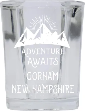 Gorham New Hampshire Souvenir Laser Engraved 2 Ounce Square Base Liquor Shot Glass 4-Pack Adventure Awaits Design
