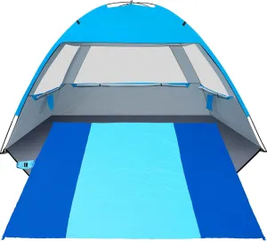 Gorich Beach Tent Sun Shelter with UV UPF50  Protection for 6-7 People and Extra-Large Sandproof Waterproof Beach Blanket, Perfect for Camping, Travel, and Hiking (SkyRoyal, 79"x110")