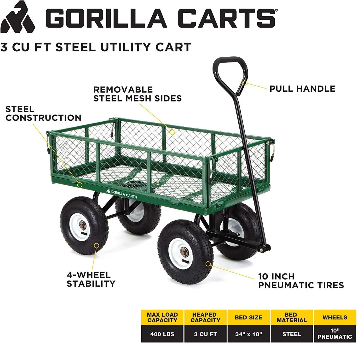 Gorilla Carts GOR400-COM Steel Garden Cart, Steel Mesh Removable Sides, 3 cu ft, 400 lb Capacity, Green