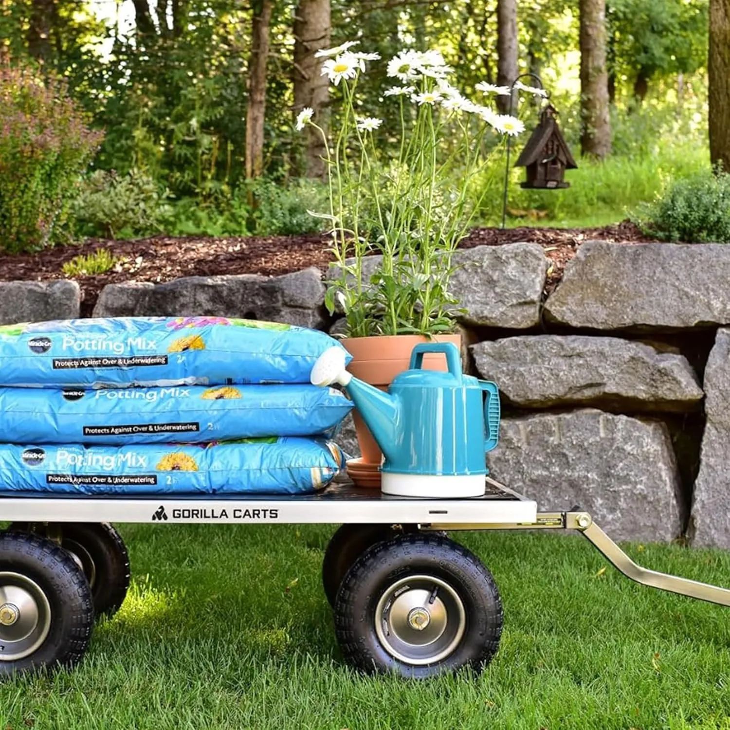 Gorilla Carts Steel Utility Wagon w/ Removable Side Panels, 1000 lb Capacity, Gray - Outdoor Flatbed Cart with 49" x 25" Metal Mesh Bed and All-Terrain Wheels for Garden, Lawn & Landscaping