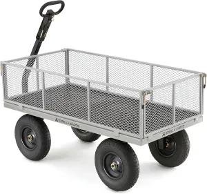 Gorilla Carts Steel Utility Wagon w/ Removable Side Panels, 1000 lb Capacity, Gray - Outdoor Flatbed Cart with 49" x 25" Metal Mesh Bed and All-Terrain Wheels for Garden, Lawn & Landscaping