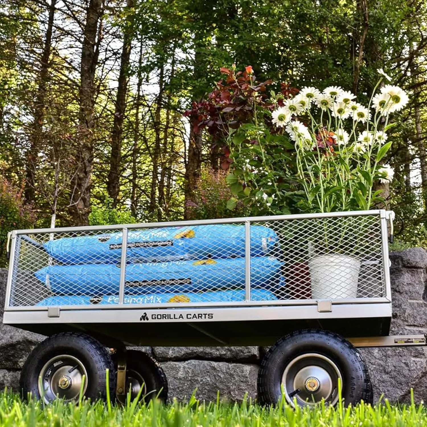 Gorilla Carts Steel Utility Wagon w/ Removable Side Panels, 1000 lb Capacity, Gray - Outdoor Flatbed Cart with 49" x 25" Metal Mesh Bed and All-Terrain Wheels for Garden, Lawn & Landscaping