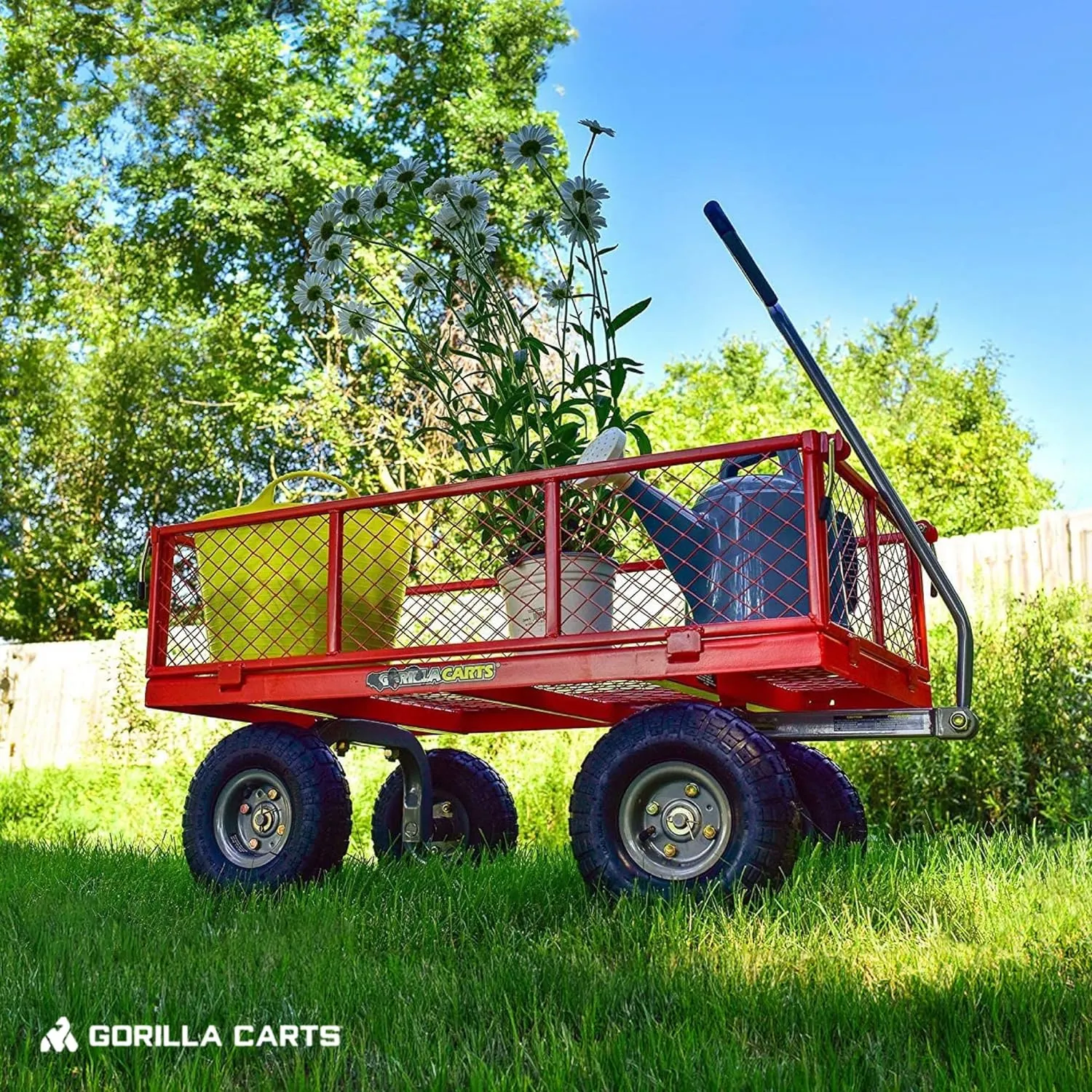 Gorilla Carts Steel Utility Wagon w/Removable Side Panels, 800 lb Capacity, Red - Outdoor Flatbed Cart with 38" x 21" Metal Mesh Bed and All-Terrain Wheels for Garden, Lawn & Landscaping