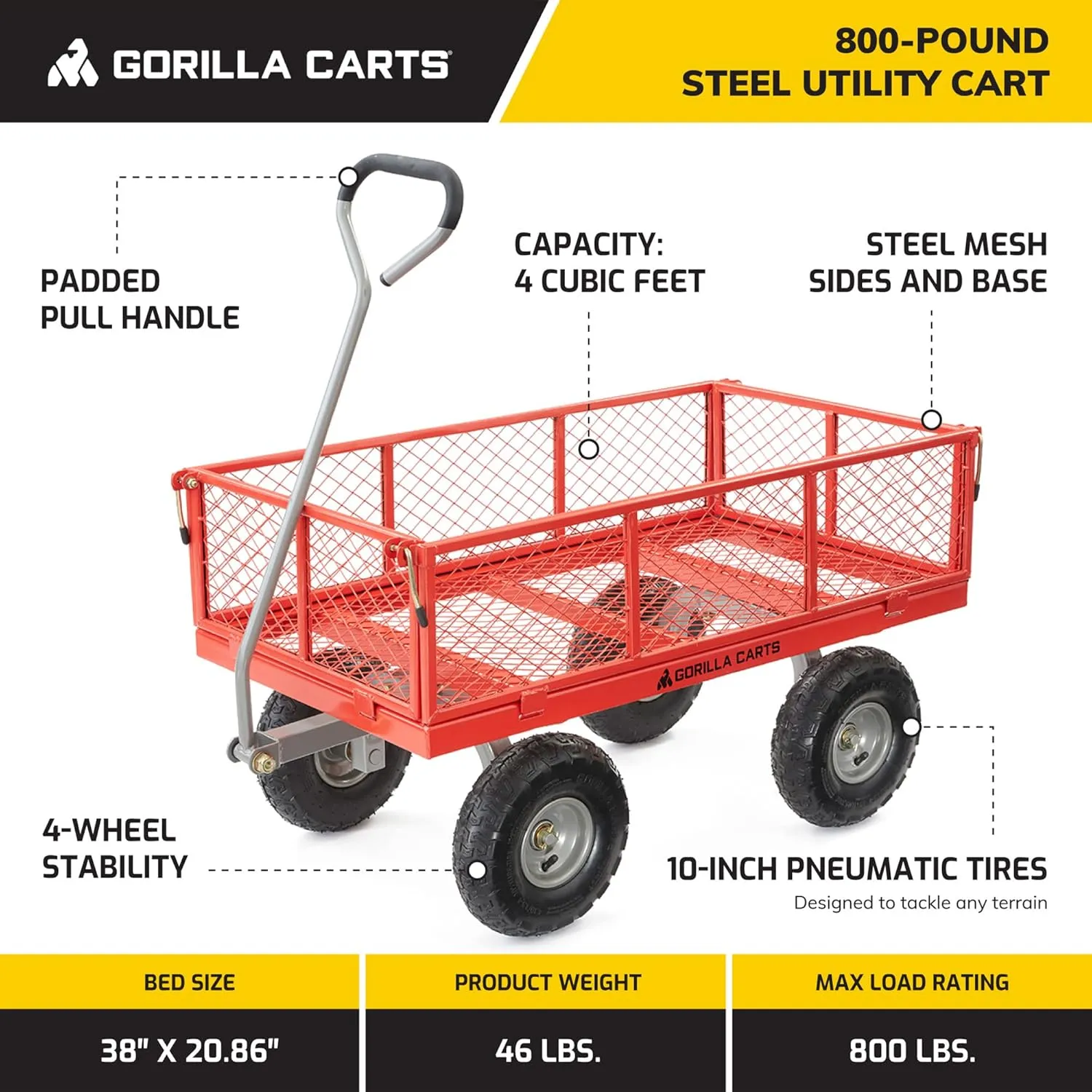 Gorilla Carts Steel Utility Wagon w/Removable Side Panels, 800 lb Capacity, Red - Outdoor Flatbed Cart with 38" x 21" Metal Mesh Bed and All-Terrain Wheels for Garden, Lawn & Landscaping