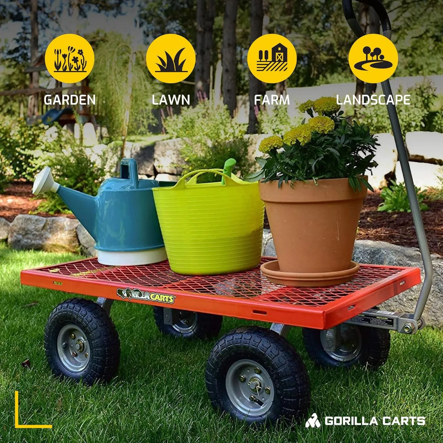 Gorilla Carts Steel Utility Wagon w/Removable Side Panels, 800 lb Capacity, Red - Outdoor Flatbed Cart with 38" x 21" Metal Mesh Bed and All-Terrain Wheels for Garden, Lawn & Landscaping