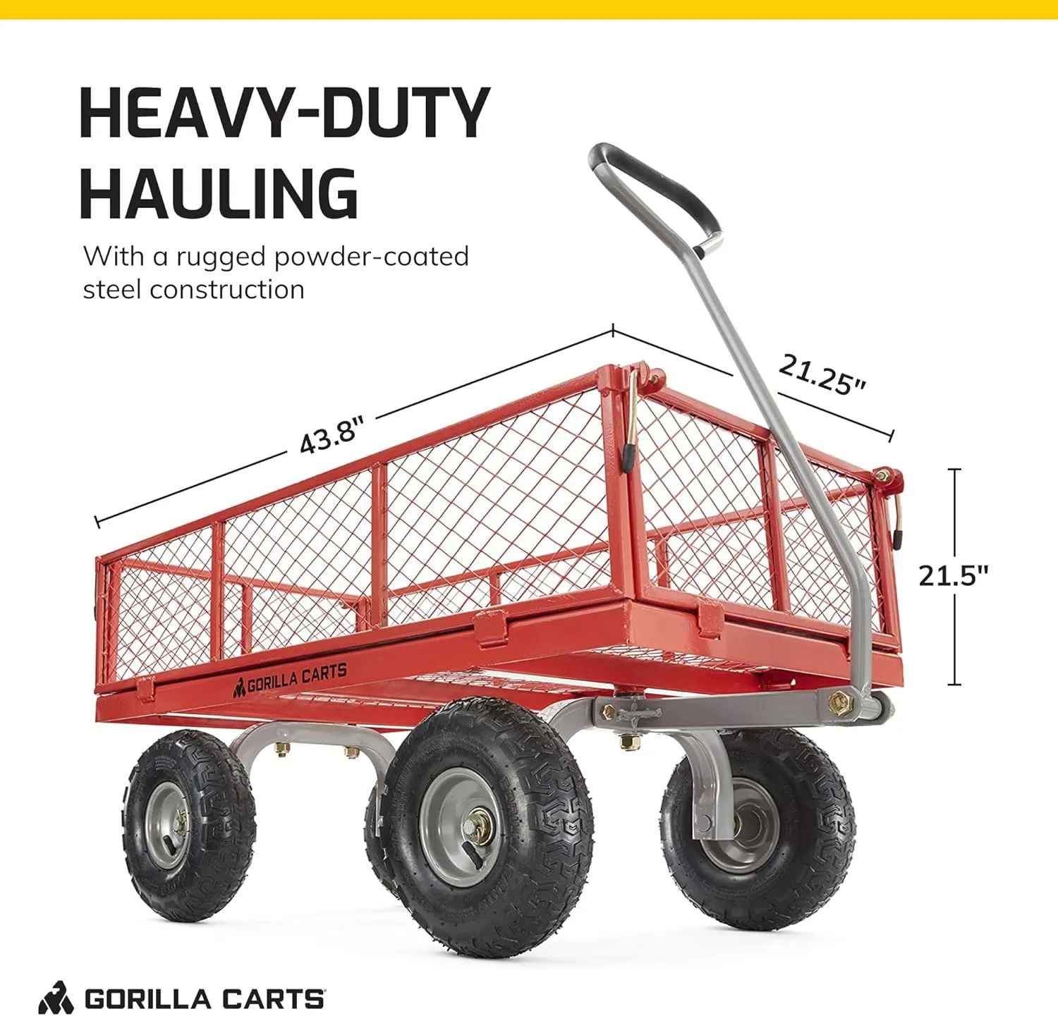 Gorilla Carts Steel Utility Wagon w/Removable Side Panels, 800 lb Capacity, Red - Outdoor Flatbed Cart with 38" x 21" Metal Mesh Bed and All-Terrain Wheels for Garden, Lawn & Landscaping
