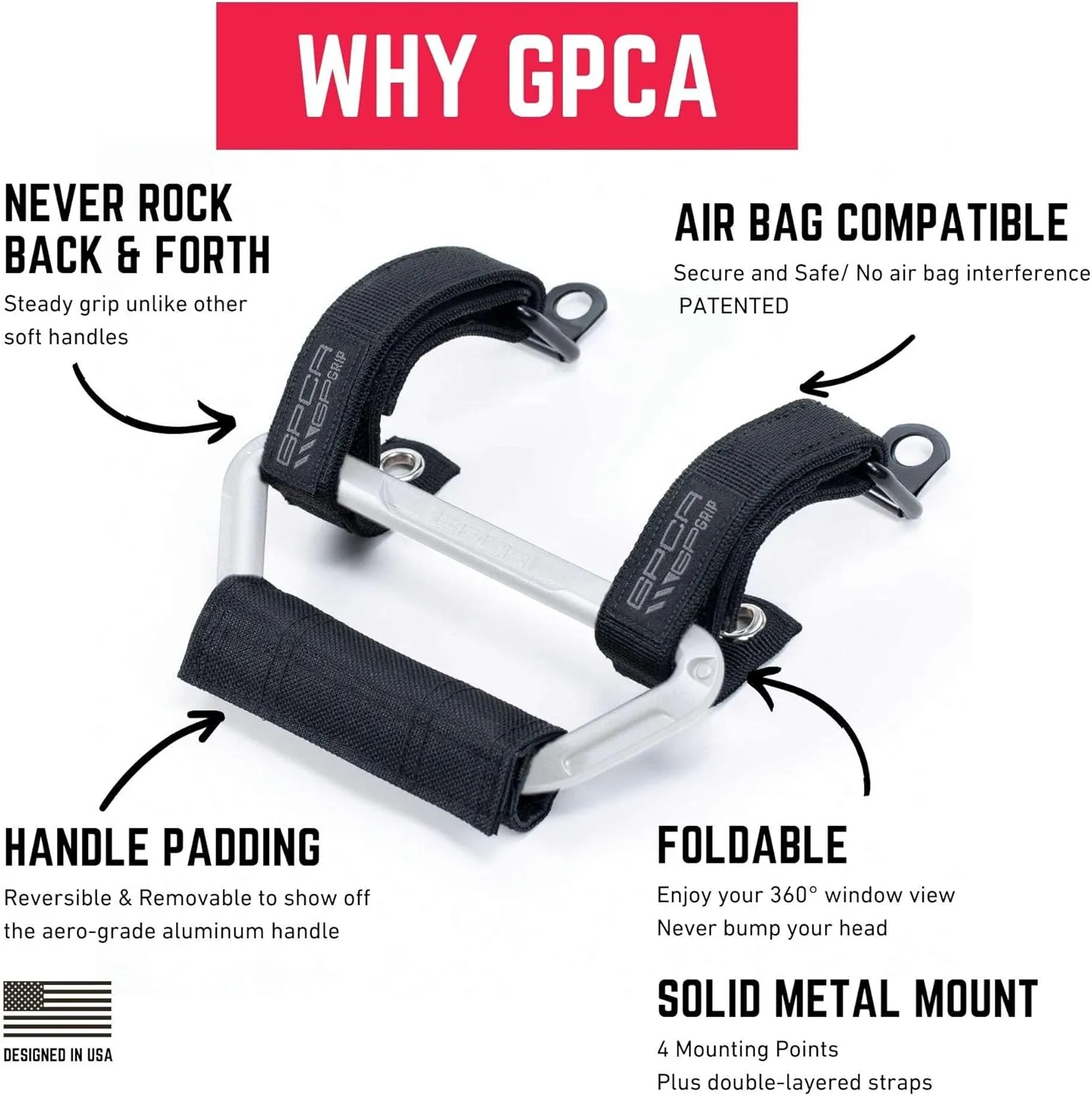 GPCA GP Grip Air Grab Handles Designed for 2024  Jeep Wrangler JL 4xe w/Airbag Compatible - Aero-Grade Aluminum, Patented Foldable Design, Easy Installation