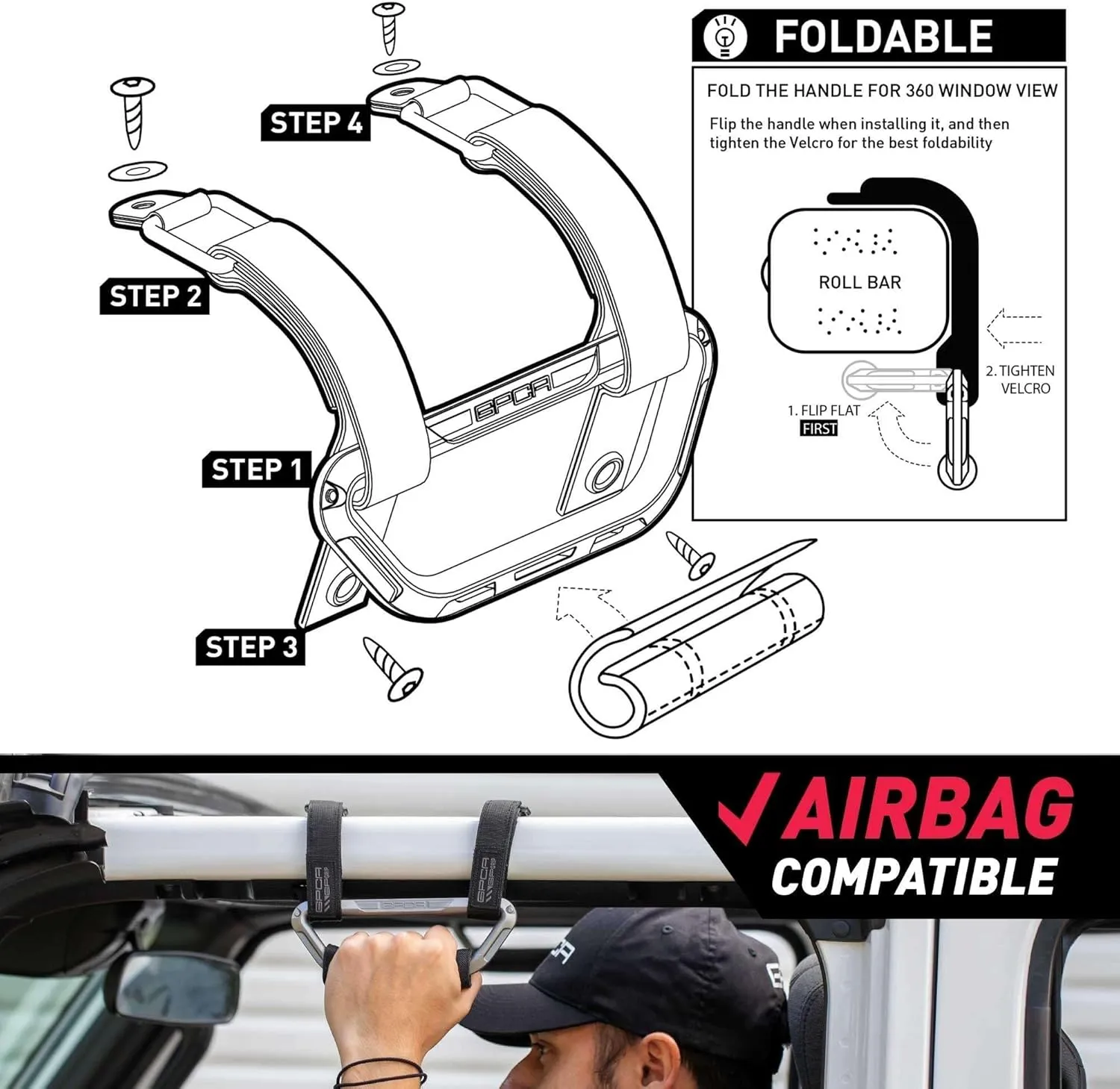 GPCA GP Grip Air Grab Handles Designed for 2024  Jeep Wrangler JL 4xe w/Airbag Compatible - Aero-Grade Aluminum, Patented Foldable Design, Easy Installation