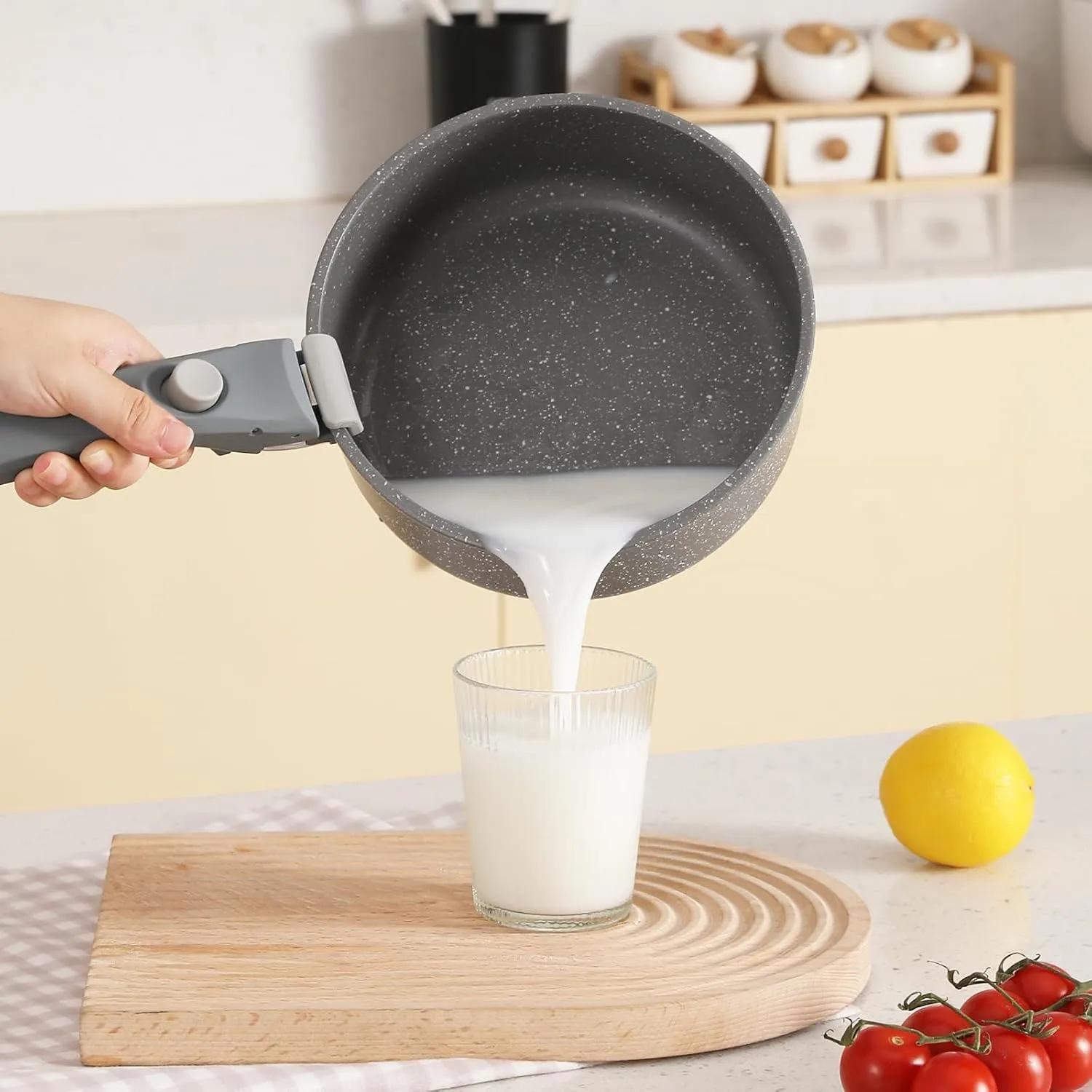 Gray Non Stick Pot and Pan Set with Removable Handle, Ceramic Cookware Set Detachable Handle, 5pcs Induction Kitchen Camping Stackable Pots Pans, Dishwasher/Oven Safe, PTFE/PFAS/PFOA Free