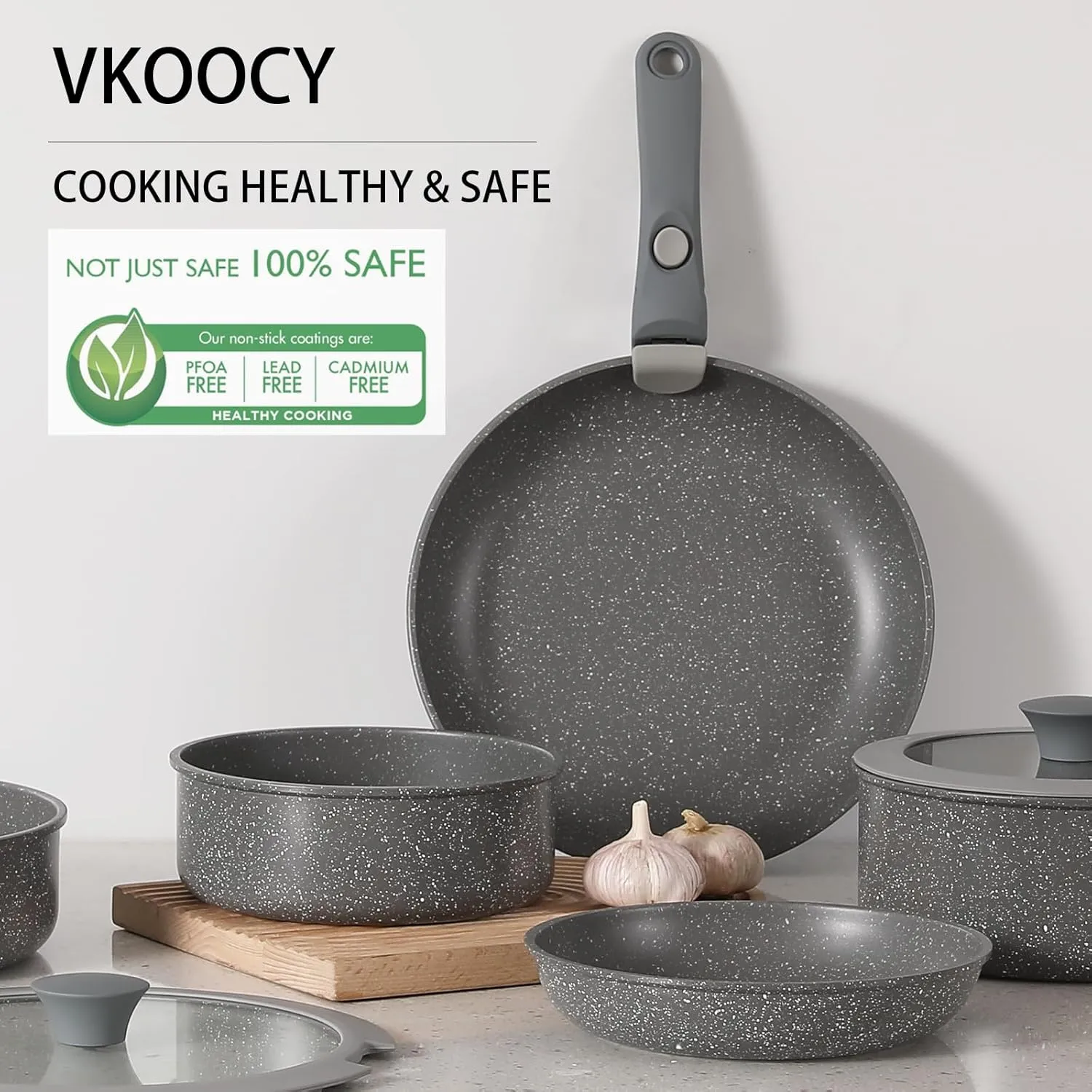 Gray Non Stick Pot and Pan Set with Removable Handle, Ceramic Cookware Set Detachable Handle, 5pcs Induction Kitchen Camping Stackable Pots Pans, Dishwasher/Oven Safe, PTFE/PFAS/PFOA Free