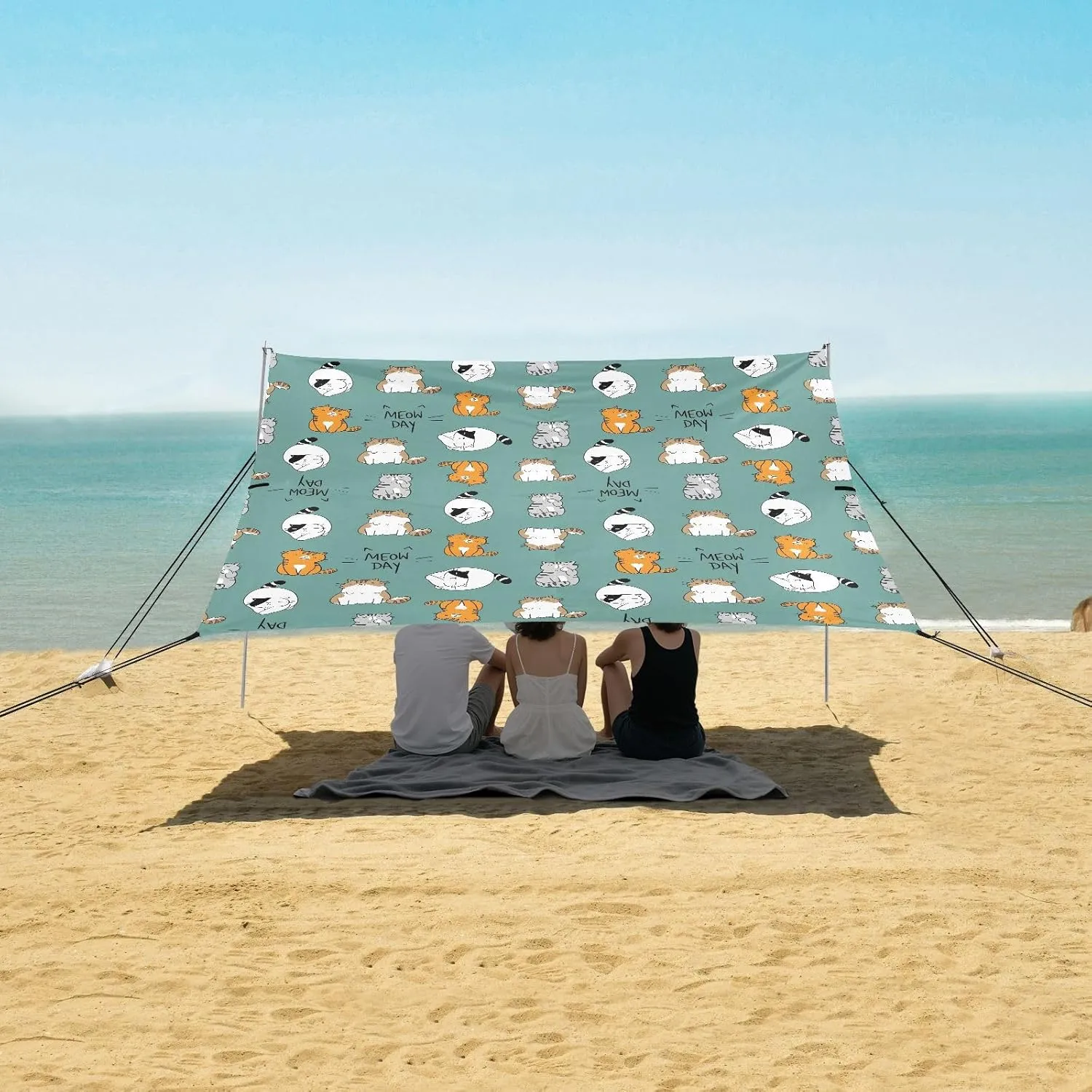 Green Cartoon Cat Beach Camping Tent Sun Shelter for Whole Family, Beach Shade Canopy with UPF50  UV Protection,Easy Set Up and Carry,Outdoor Shade for Trips, Fishing, Backyard Fun Picnics