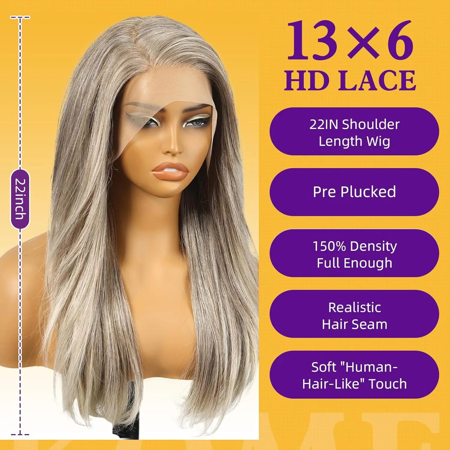 Grey Synthetic Lace Front Wig,13X6 Long Straight Layered Glueless Wigs for Women Daily Use 22IN