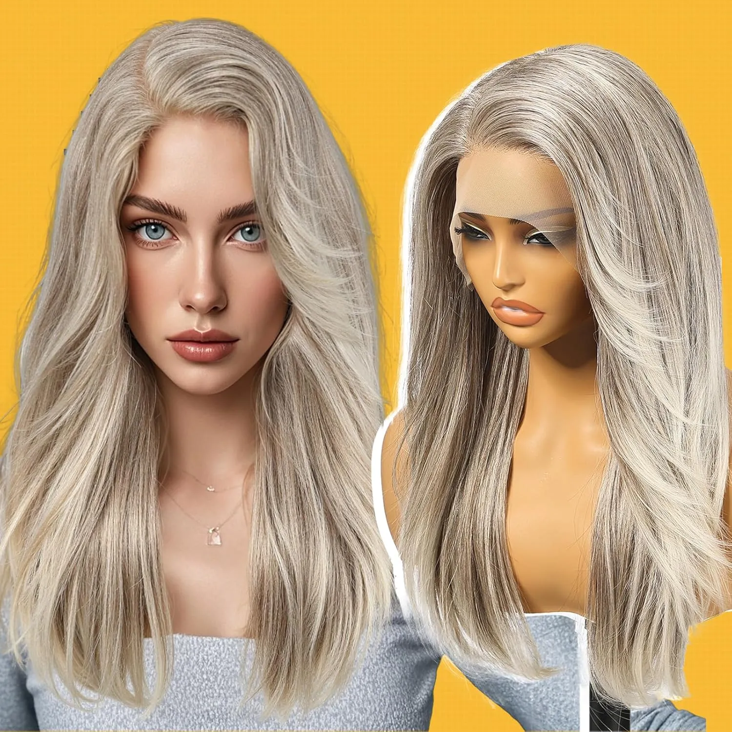 Grey Synthetic Lace Front Wig,13X6 Long Straight Layered Glueless Wigs for Women Daily Use 22IN