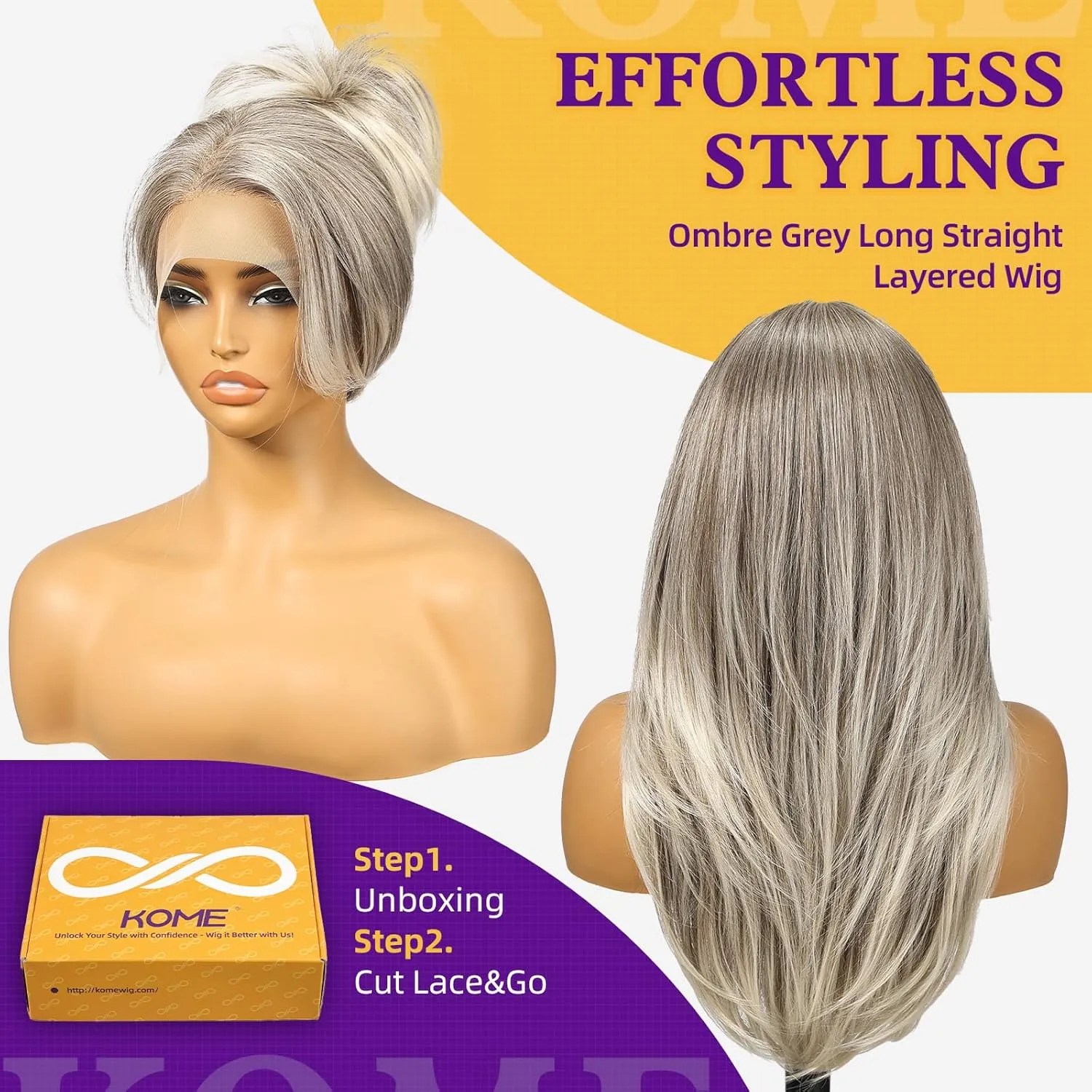 Grey Synthetic Lace Front Wig,13X6 Long Straight Layered Glueless Wigs for Women Daily Use 22IN