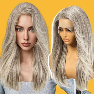 Grey Synthetic Lace Front Wig,13X6 Long Straight Layered Glueless Wigs for Women Daily Use 22IN