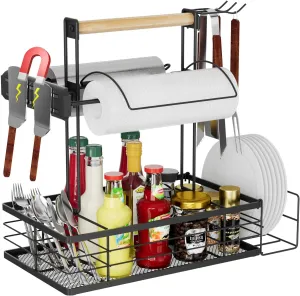 Grill Caddy with Magnetic Tool & Paper Towel Holders, Picnic Utensil Condiment Caddy, Barbecue Grill Tool Organizer for Outdoor Camping, Cooking, Camper