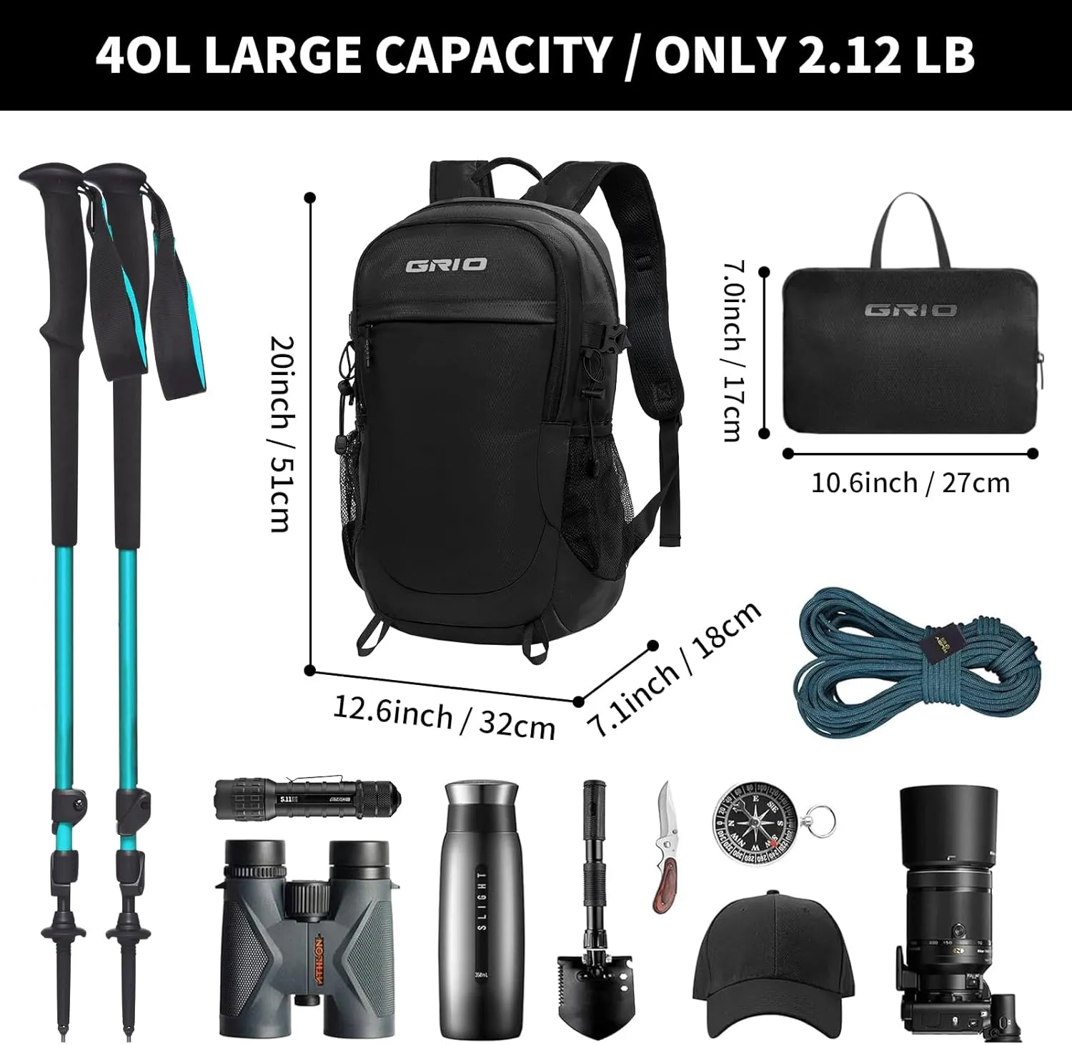 GRIO 40L Lightweight Hiking Backpack for Men & Women - Waterproof Packable Daypack with Breathable Mesh, Trekking Camping Backpack for Outdoor Sports