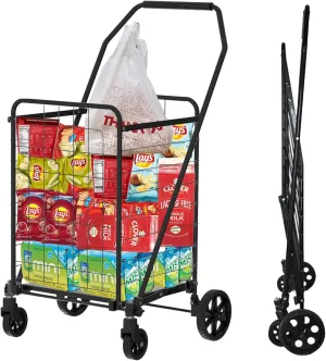 Grocery Cart on Wheels Foldable, 220LBS Small Shopping Carts with Encrypted Bottom, 360° Rolling Swivel Utility Cart with Hanging Bag, Personal Shopping Cart for Groceries, Laundry, Book