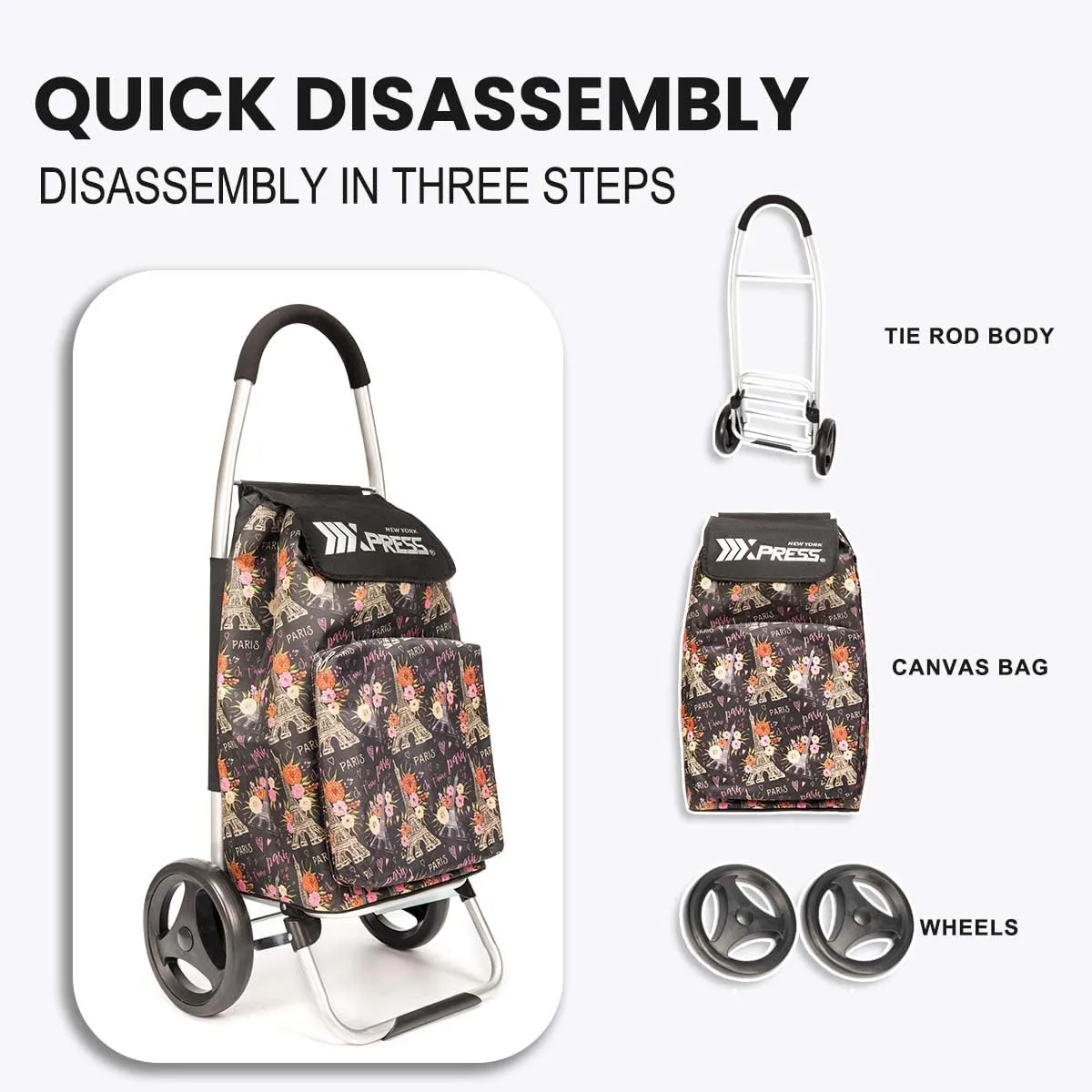 Grocery Cart on Wheels,Trolley Cart with Wheels,Shopping Cart Bags for Groceries Removable Wheels & Bag#Tower